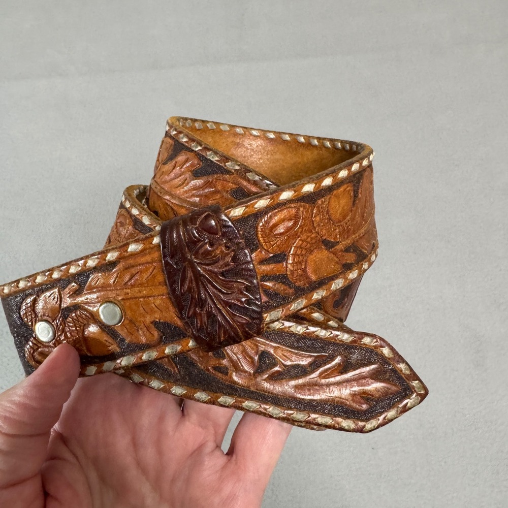 Hand Tooled Leather Belt Mens 38 Brown Western JEFF No Buckle